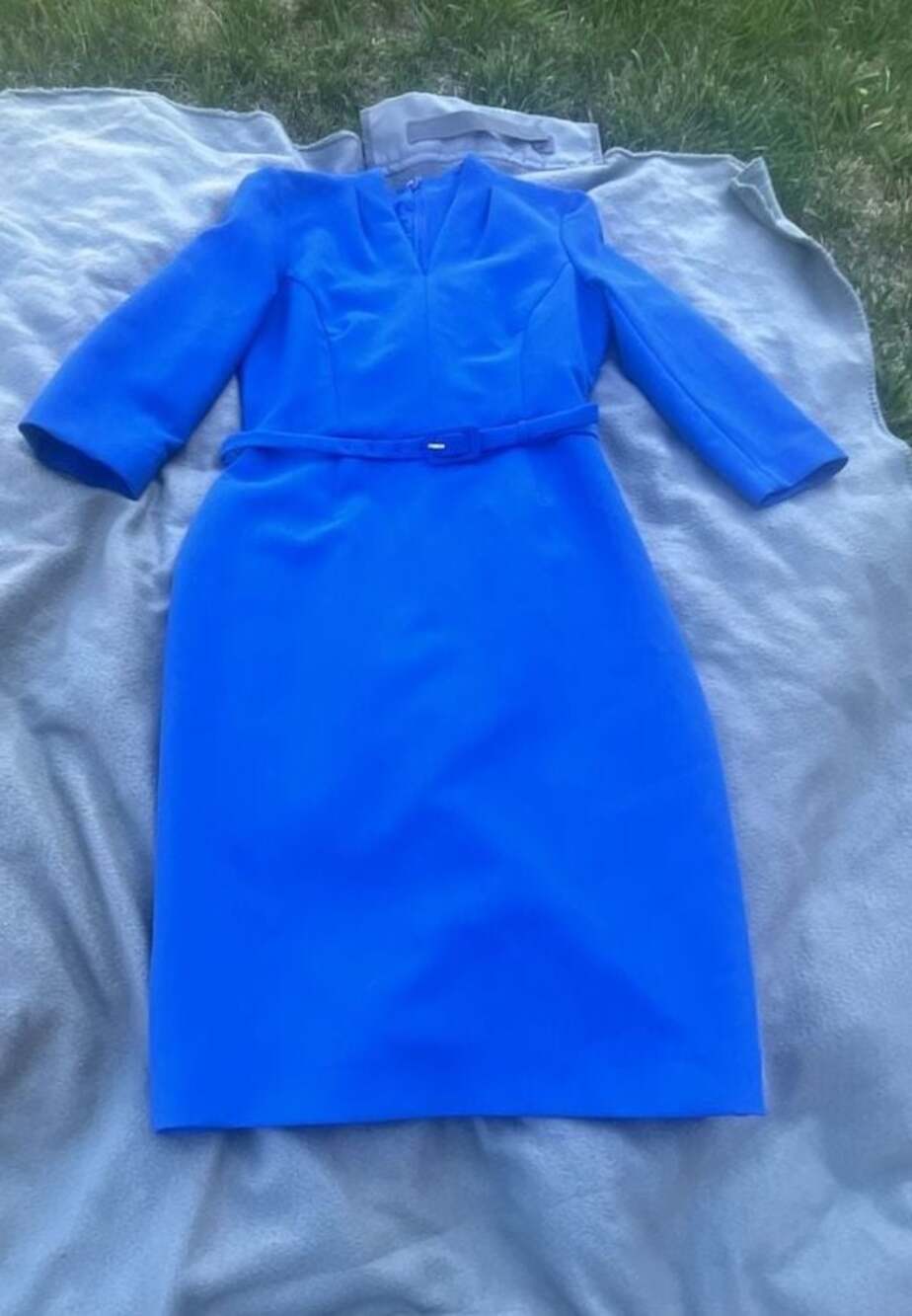 Hobbs London Dianna Cobalt Blue V-Neck Belted Sheath Dress - Picture 2 of 10